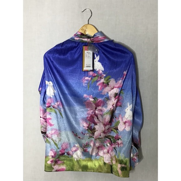 MUKZIN Women's Large Printed Floral Bunny Silky Puff Shoulder Blouse Art to Wear - Picture 1 of 11